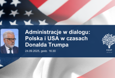 Na tle flagi amerykańskiej zdjęcie prelegenta i tytuł spotkania